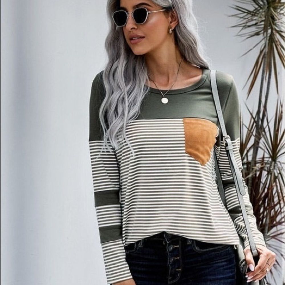 Striped Long Sleeve Top with Patch Pocket Olive